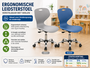 Ergonomische leidsterstoelen op wielen in grijs en blauw met verstelbare zithoogte en stevig metalen onderstel.